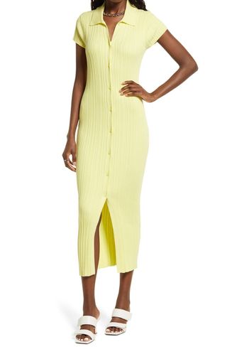 Open Edit + Button Front Ribbed Midi Dress