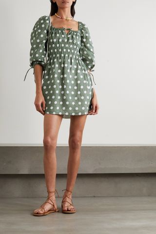 Faithfull the Brand + Armina Shirred Polka-Dot Linen Mini Dress