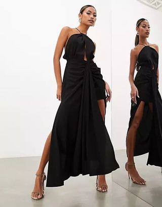 Asos Edition + Drape Halter Midi Dress With Tie Detail in Black