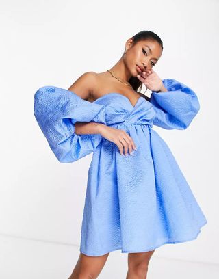 Asos Edition + Off Shoulder Textured Mini Dress With Blouson Sleeve in Blue