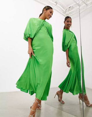 Asos Edition + Drape Blouson Sleeve Satin Midi Dress in Green