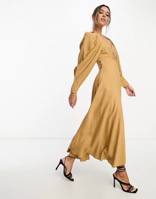 Asos Edition + Pleat Shoulder Midi Dress With Cut Out Back in Camel