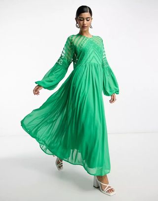 Asos Edition + Embroidered Bodice Oversized Maxi Dress in Green
