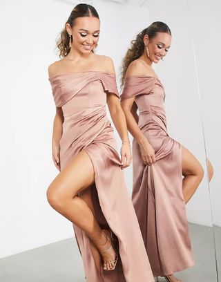 Asos Edition + Satin Bardot Drape Wrap Maxi Dress in Cinnamon Rose