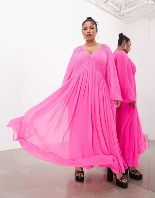 Asos Edition + Curve Ruched Gathered Waist Chiffon Maxi Dress in Hot Pink