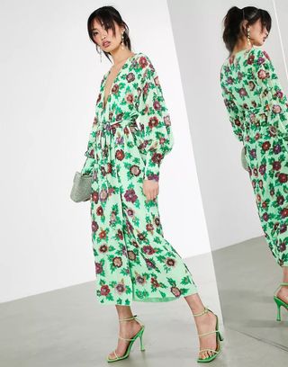 Asos Edition + Sequin Wrap Midi Dress in Floral Sequin