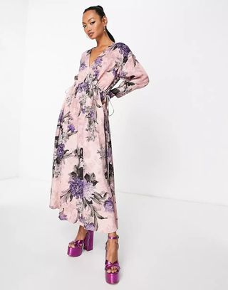 Asos Edition + V Neck Oversized Midi Dress With Drawstring in Dusky Pink Print