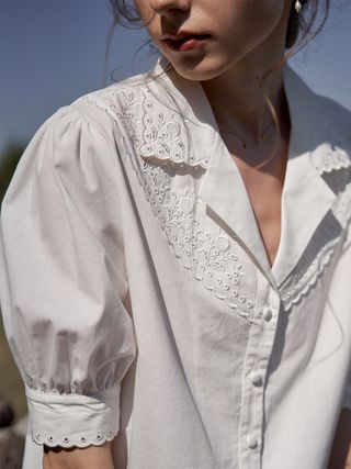 Simple Retro + Agnes Edwardian Inspired White Floral Embroidered Blouse