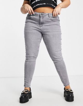 Noisy May + Curve Callie High Waisted Ripped Knee Skinny Jeans in Light Gray