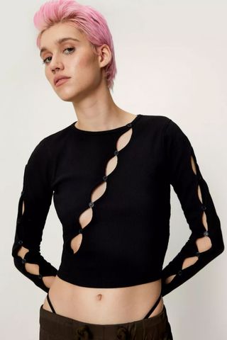 Nasty Gal + Ribbed Cut Out Long Sleeved Top