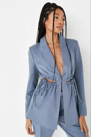 Missguided + Blue Ruched Cut Out Waist Blazer