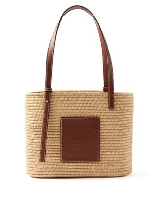 Loewe + Anagram-Logo Leather-Trim Raffia Basket Bag