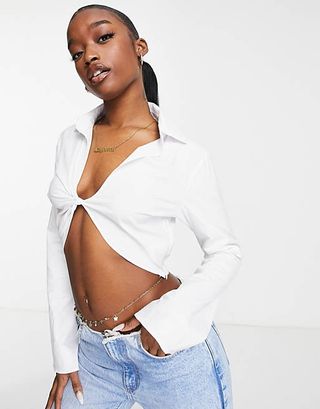Trendyol + Twist Front Cropped Shirt in White