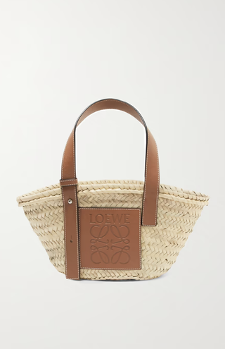 Loewe + Small Leather-Trimmed Woven Raffia Tote