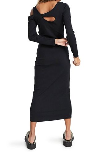 Topshop + Asymmetric Rib Long Sleeve Cutout Midi Dress