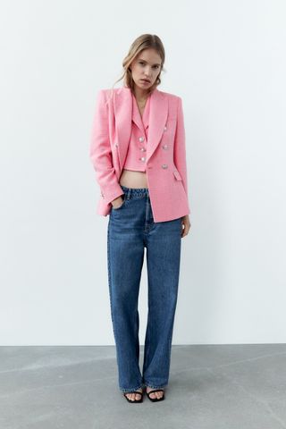 Zara + Double Breasted Textured Weave Jacket