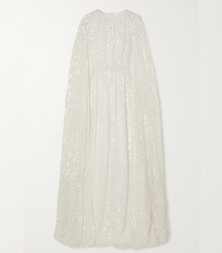 Erdem + Kenley Cape-Effect Gathered Sequined Chiffon Gown