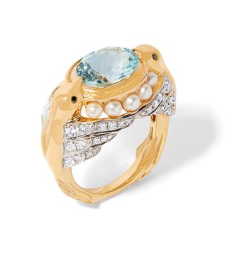 Annoushka x Temperley + 18ct Gold Aquamarine Diamond Lovebirds Ring