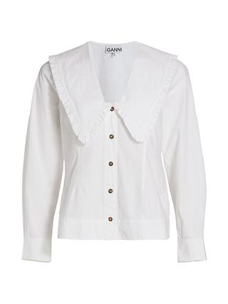 Ganni + Wide Ruffle-Trimmed Collar Cotton Poplin Shirt