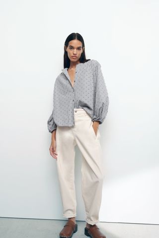 Zara + Swiss Dot Blouse With Voluminous Sleeves