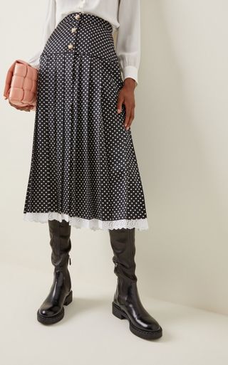 Miu Miu + Pleated Polka-Dot Satin Midi Skirt