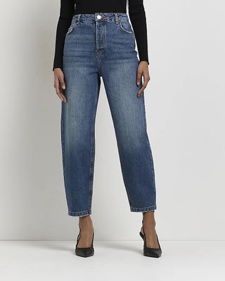 River Island + Blue High Waisted Tapered Jeans