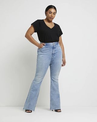 River Island + Plus Blue Mid Rise Flared Jeans