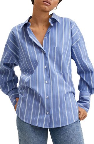 Mango + Stripe Cotton Blend Button-Up Shirt