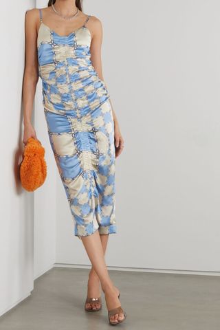 Ahluwalia + Augusta Ruched Printed Silk-Satin Midi Dress