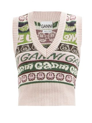 Ganni + Logo-Jacquard Wool-Blend Vest