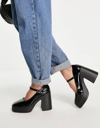 Asos Design + Wide Fit Penny Platform Mary Jane Heeled Shoes in Black