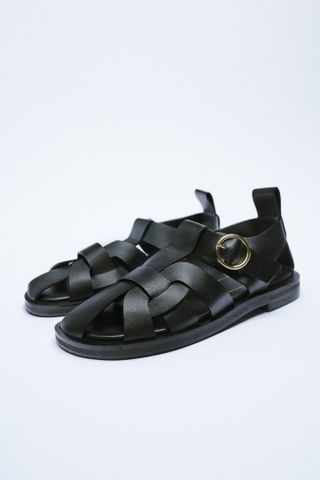 Zara + Flat Leather Cage Sandals