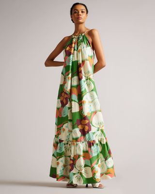 Ted Baker + Strappy Linen Maxi Dress With Pleat Detail