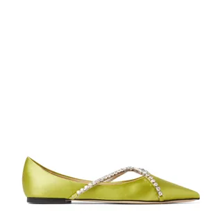 Jimmy Choo + Genevi Flat Lime Satin Pointed-Toe Flats with Crystal Chains