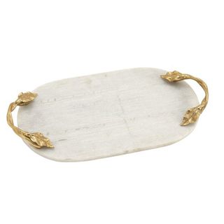 DecMode + Contemporary Marble Oval Tray With Aluminum Leaf and Vine Handles