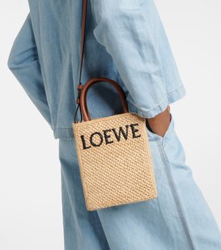 Loewe + Leather-Trimmed Raffia Tote Bag