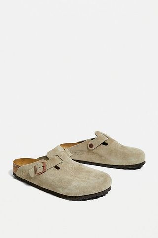 Birkenstock + Boston Taupe Natural Suede Clogs