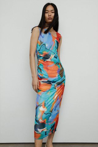 Warehouse + Cut Out Art Print Recycled Mesh Midi Dress