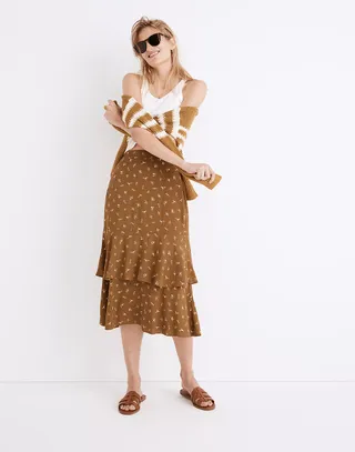 Madewell + Ruffle Tiered Midi Skirt in Daisy Stitch