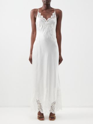 Carine Gilson + Silk Satin and Chantilly-Lace Slip Dress