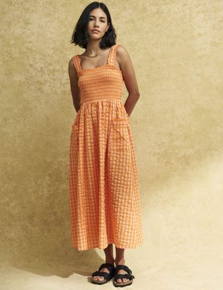 Naya Rea + Orange Gingham Check Shirred Dionne Midi Dress