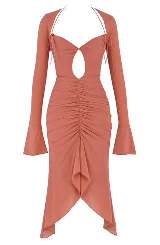 House of CB + Reine Long Sleeve Silk Blend Cutout Midi Dress