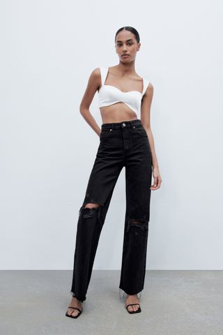 Zara + Ripped Wide Leg Jeans