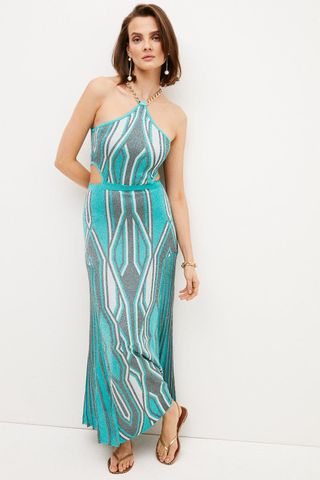 Karen Millen + Slinky Geo Pleated Knit Halter Maxi Dress