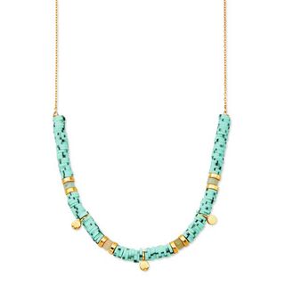Scoop + Gold Flash Plated Genuine Amazonite Stone and Blue Bead Necklace With Disk Charms