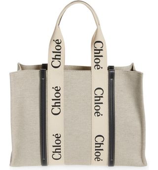 Chloé + Large Woody Logo Strap Canvas Tote