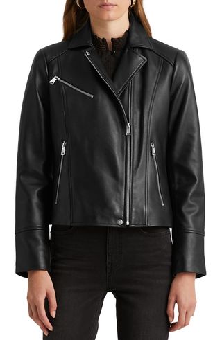 Lauren Ralph Lauren + Lambskin Leather Moto Jacket