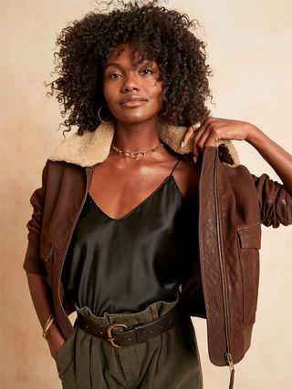Banana Republic + Leather Bomber Jacket with Removable Shearling Collar