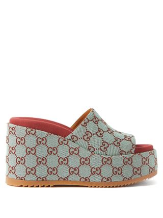 Gucci + Angelina GG-Canvas Wedge Mules