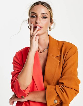 French Connection + Bilania Colourblock Tailored Jacket Co-Ord in Red and Ginger